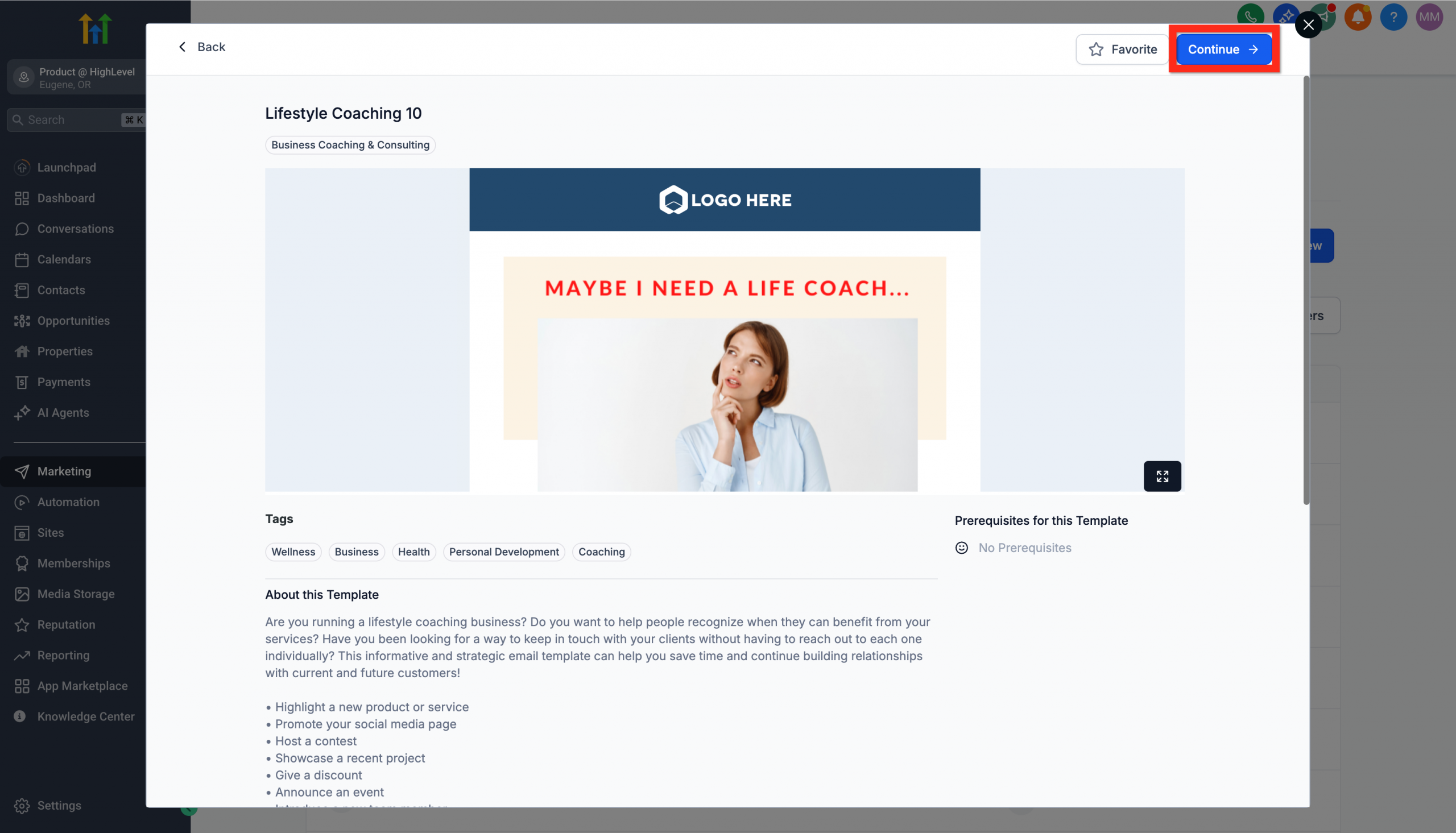Anteprima di un template email con il pulsante 'Continua' evidenziato.