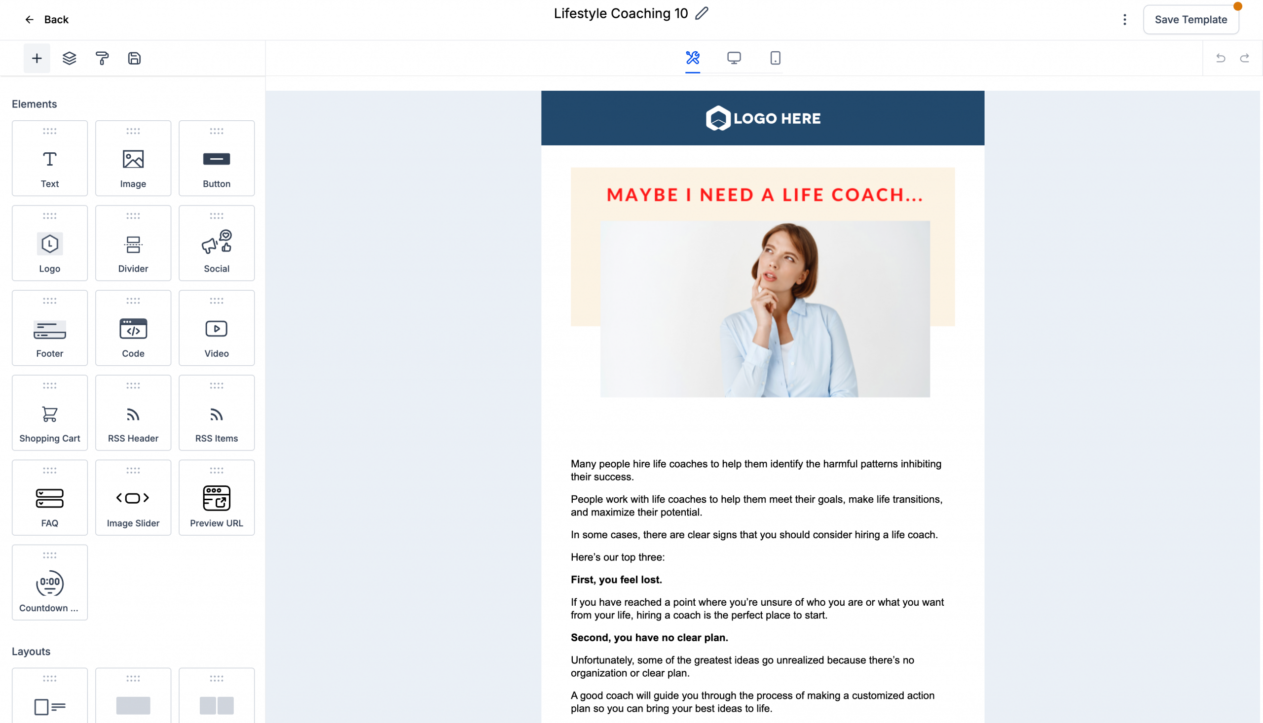 Editor di email di Futuria CRM che mostra un template appena caricato.