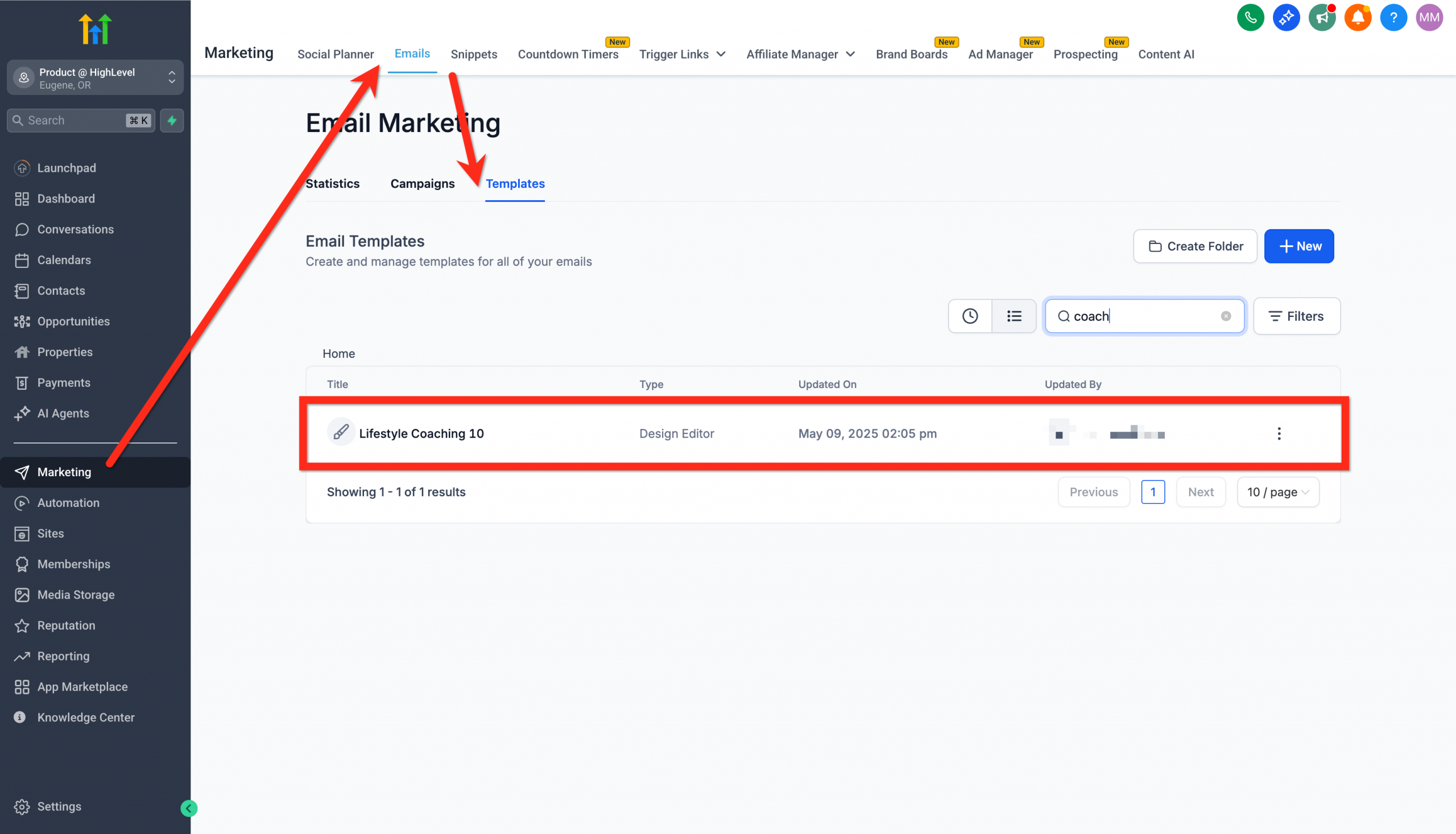 Elenco dei template email con un template specifico evidenziato per la modifica.