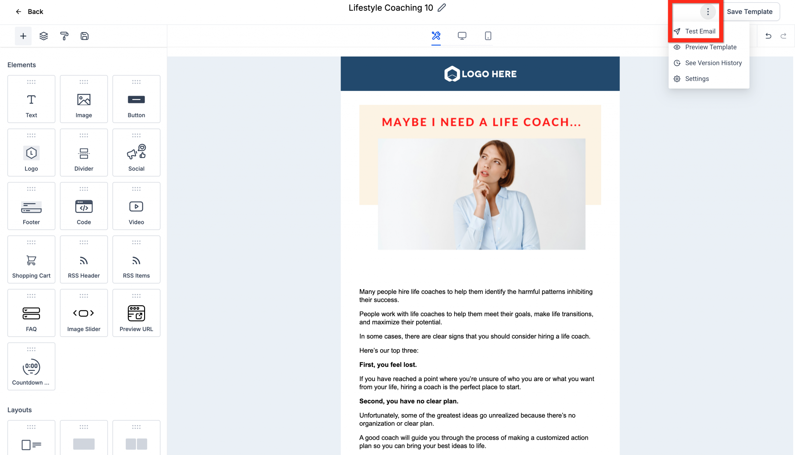 Menu a tendina con l'opzione 'Email di test' selezionata.