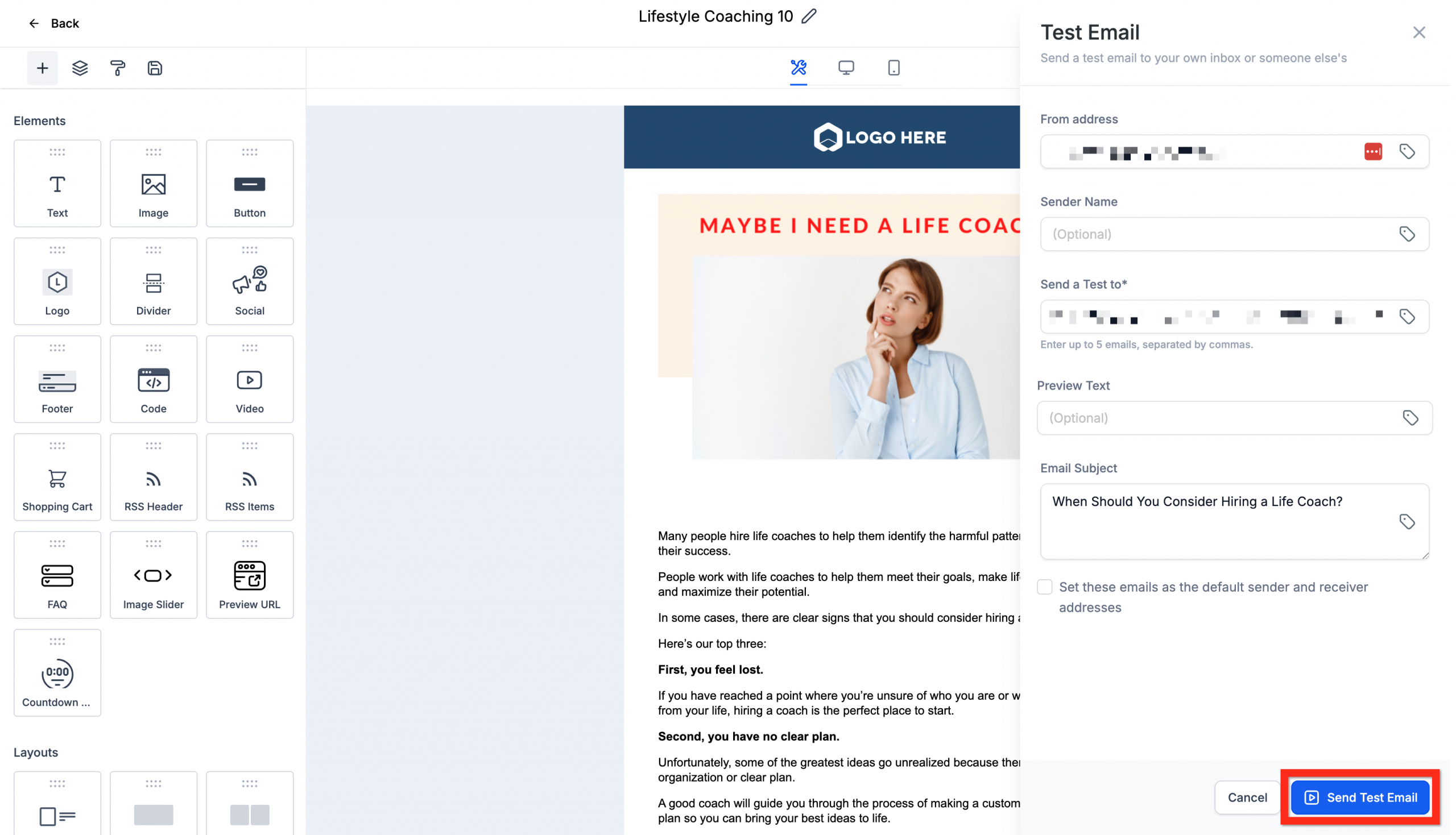 Finestra modale per l'invio di un'email di test con i campi da compilare.