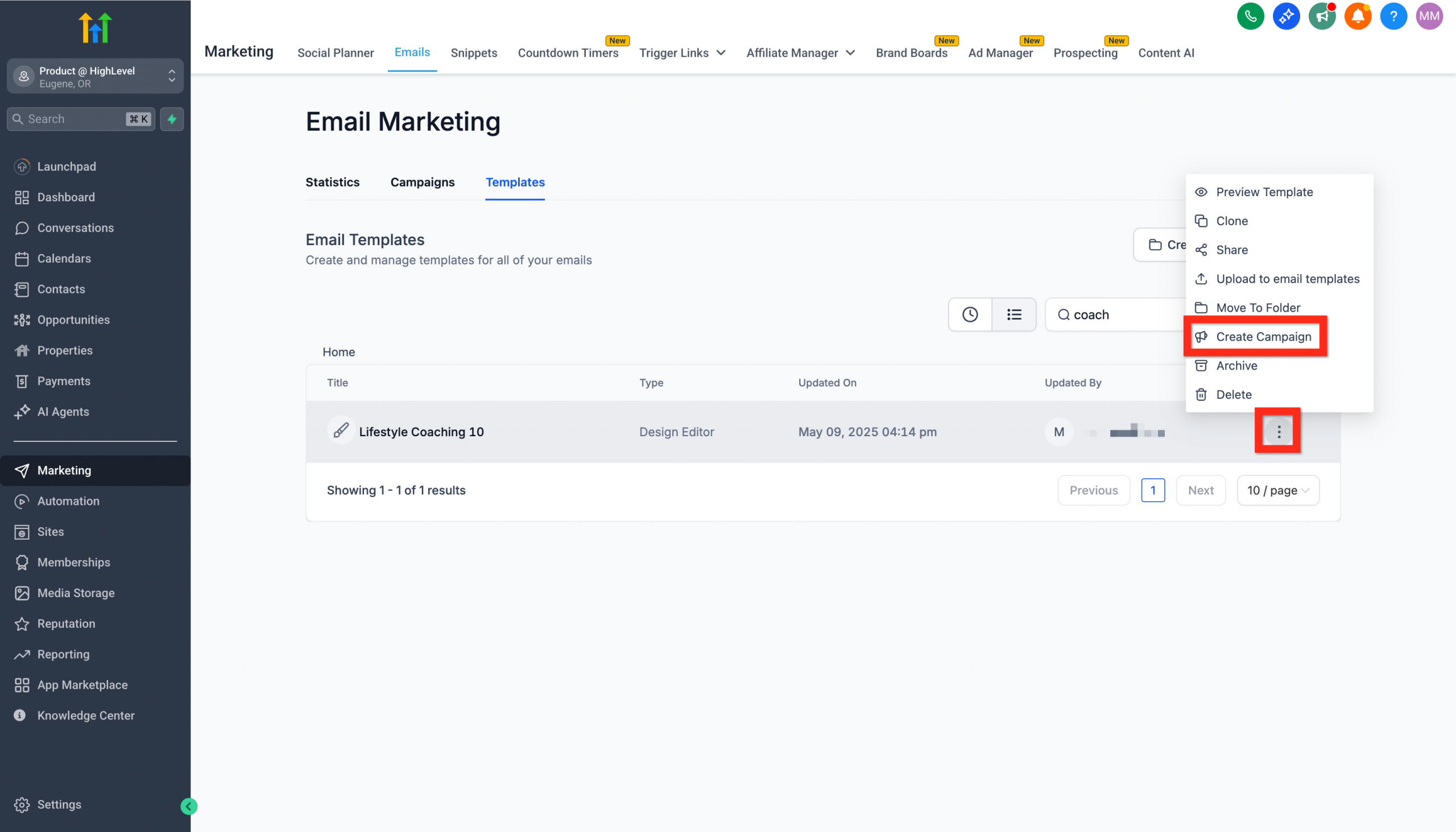 Menu a tendina di un template con l'opzione 'Crea Campagna' evidenziata.