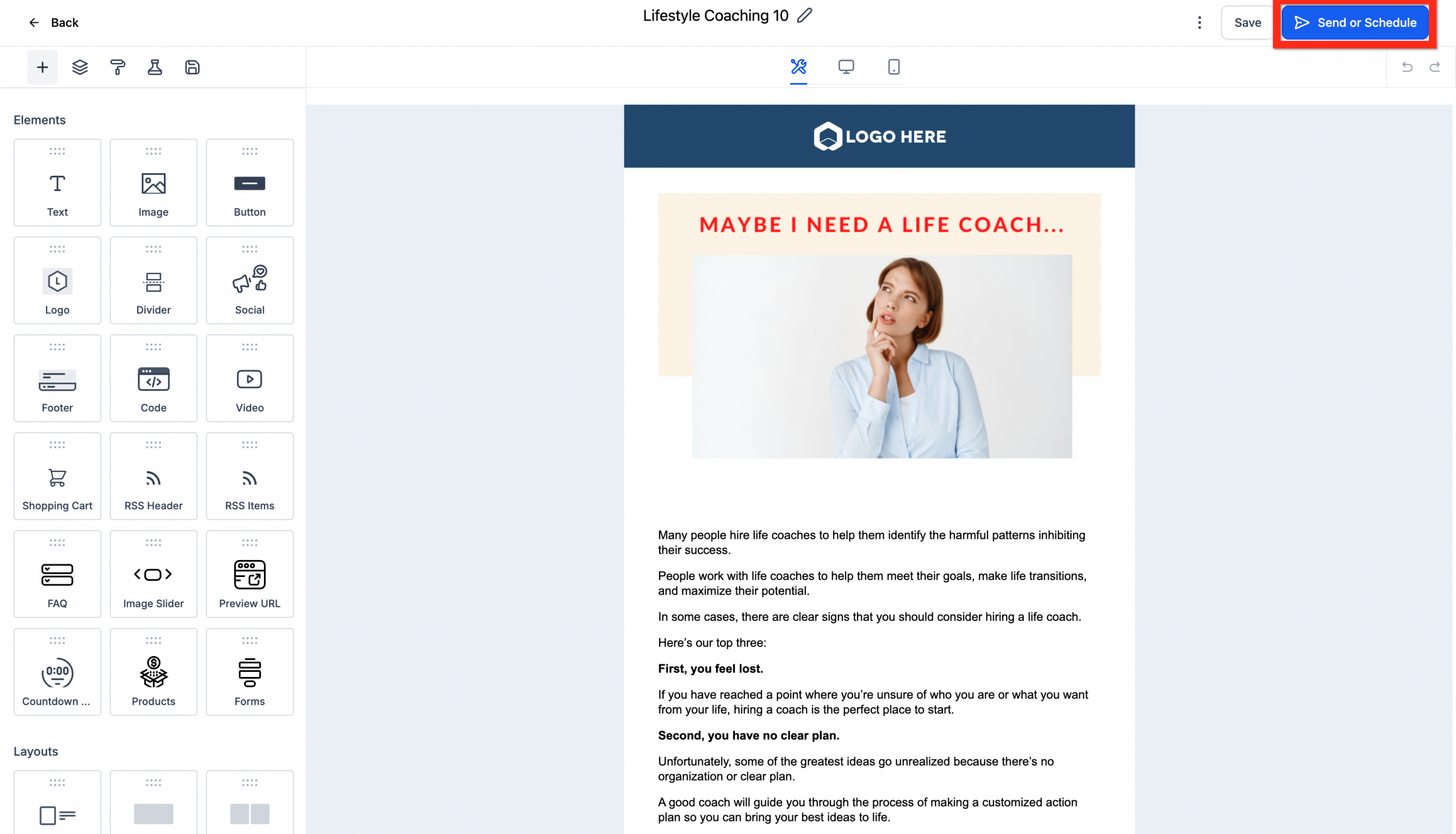 Editor di email con il pulsante 'Invia o Programma' in alto a destra.