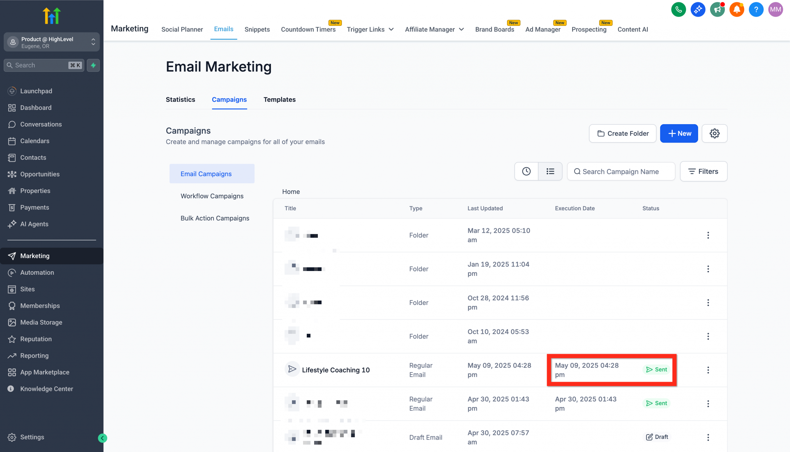 Elenco delle campagne email che mostra lo stato 'Inviata'.