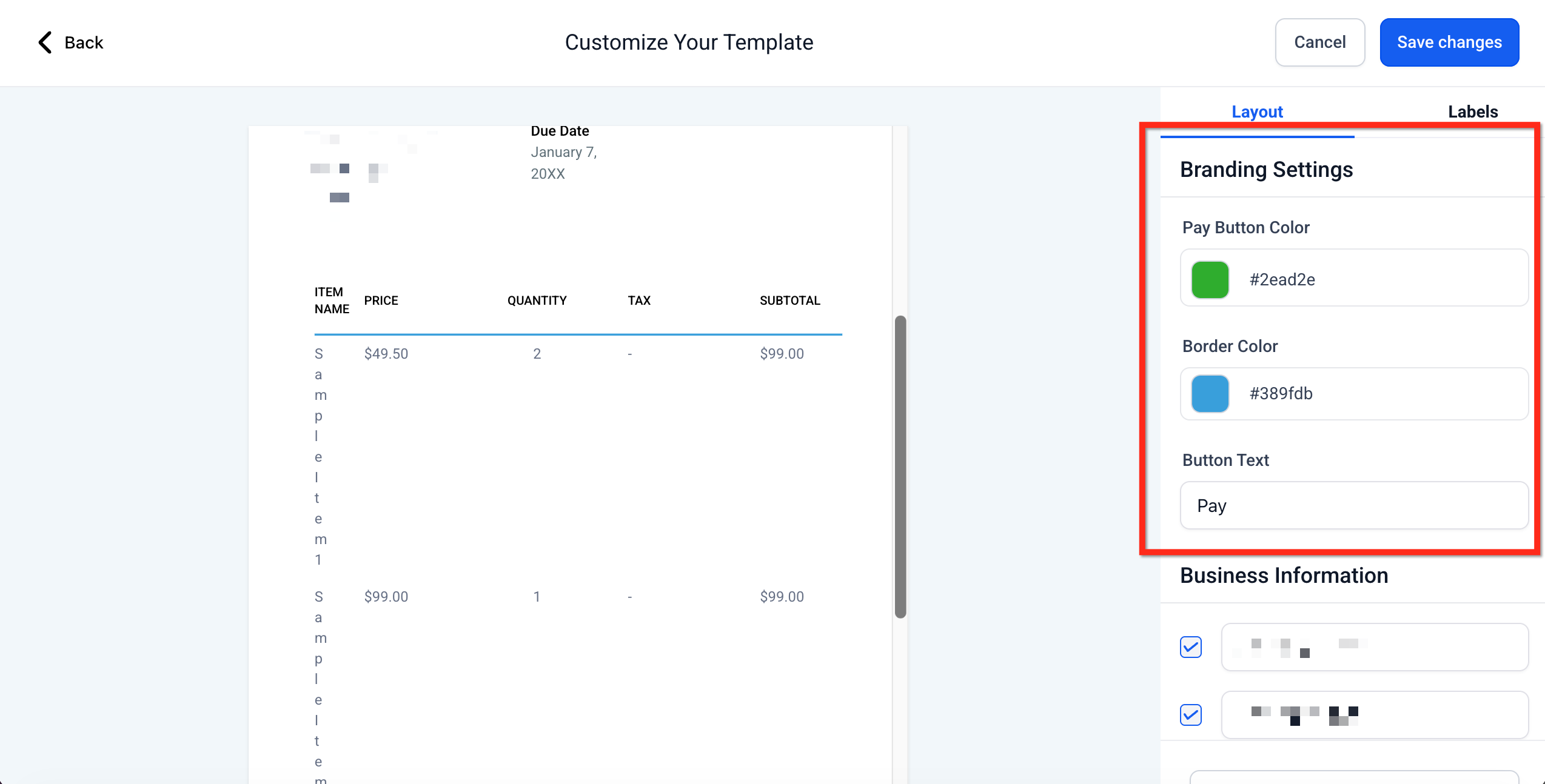 Impostazioni di branding per il layout della fattura in Futuria CRM, con opzioni per colore del pulsante, colore del bordo e testo del pulsante.