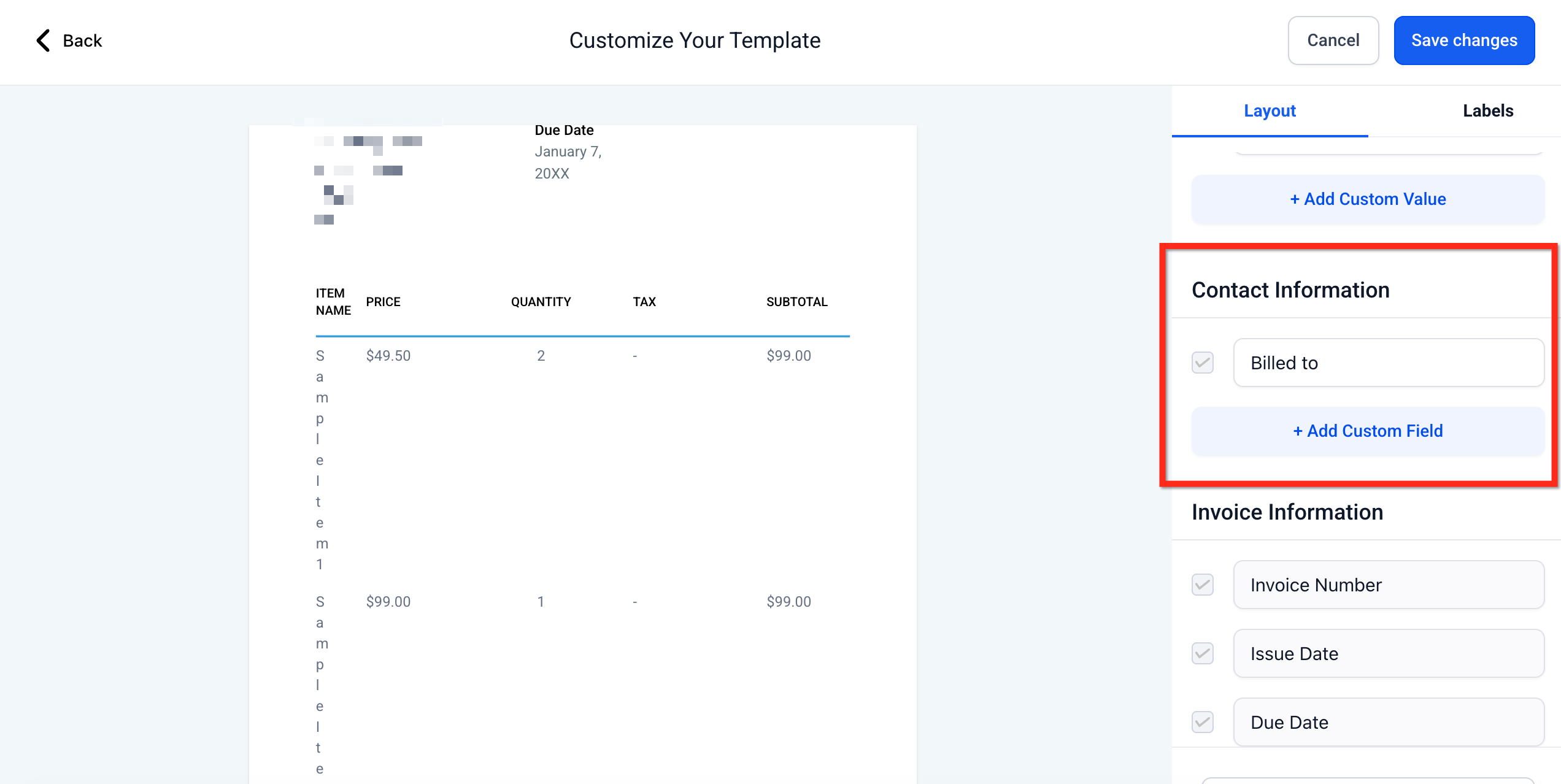 Impostazioni delle informazioni di contatto per il layout della fattura, che consentono di rinominare l'intestazione della sezione.