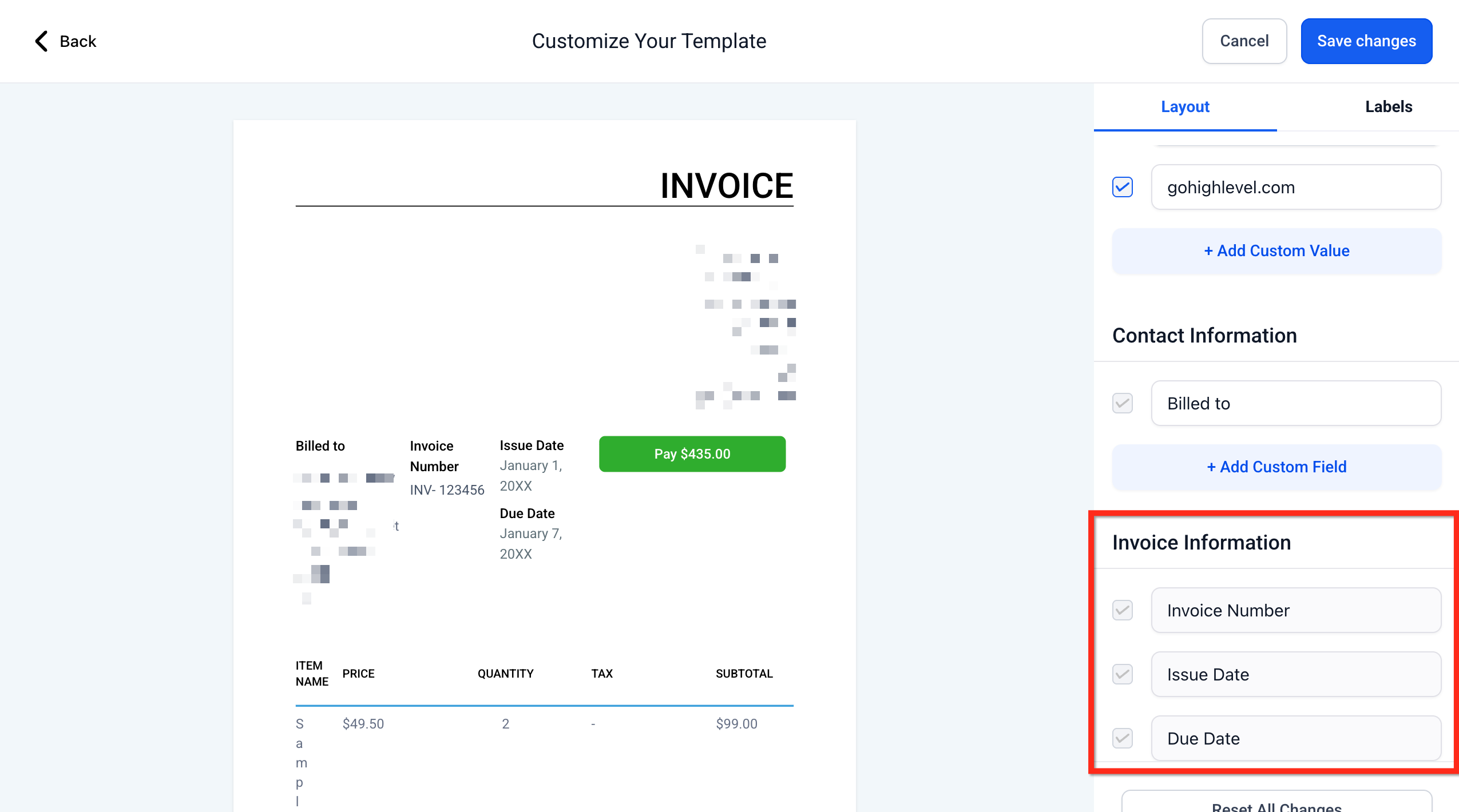 Impostazioni delle informazioni sulla fattura, con opzioni per mostrare o nascondere il numero di fattura, la data di emissione e la data di scadenza.