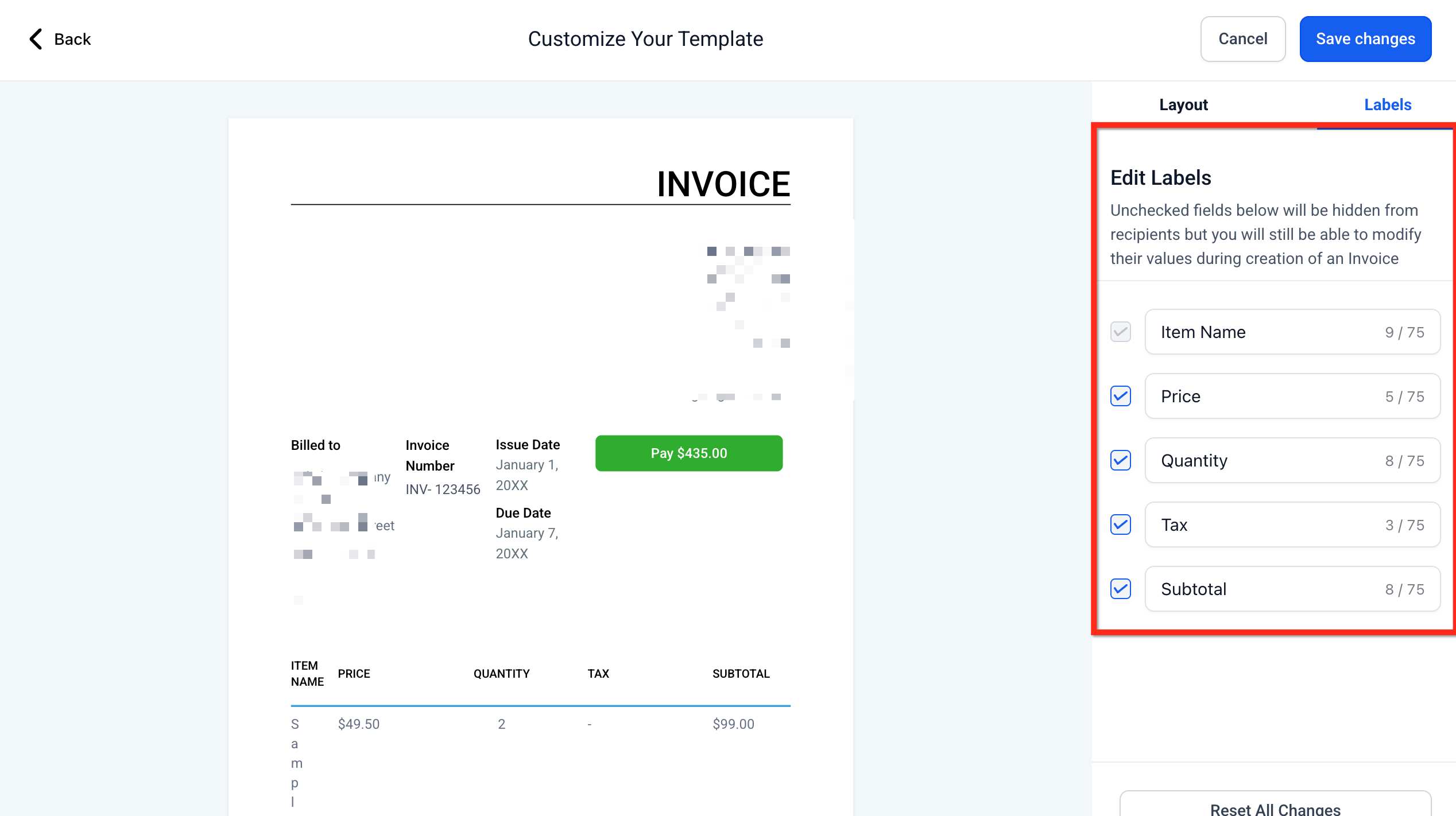 Impostazioni delle etichette per le voci della fattura, che permettono di rinominare e mostrare/nascondere le colonne.