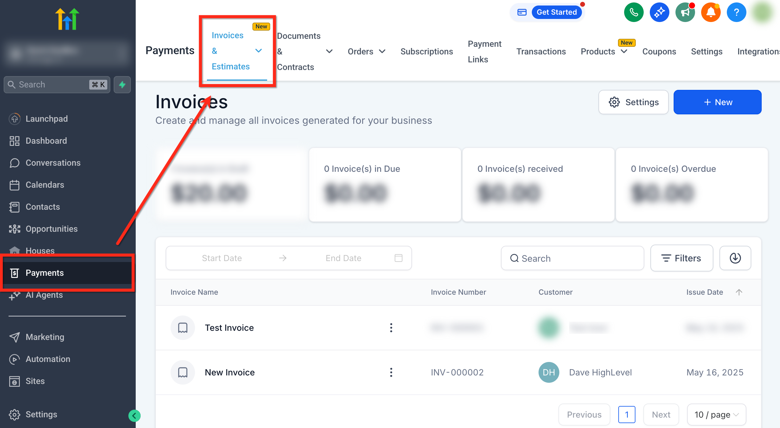 Schermata di Futuria CRM che mostra come navigare alla sezione Fatture e preventivi dal menu Pagamenti.