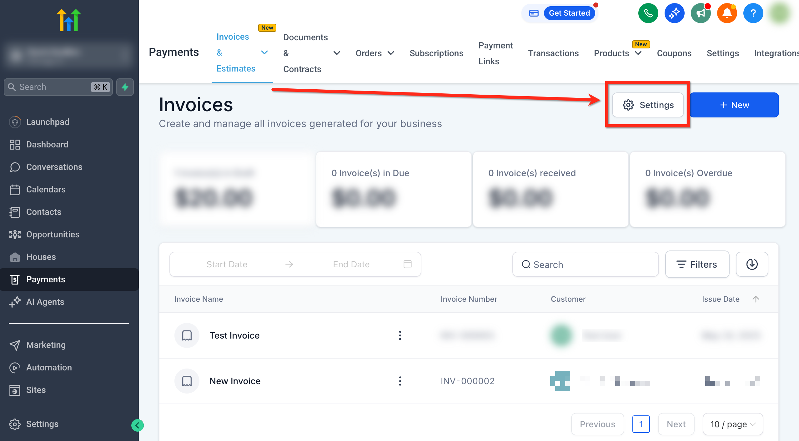 Evidenziazione del pulsante Impostazioni nella pagina delle fatture di Futuria CRM.