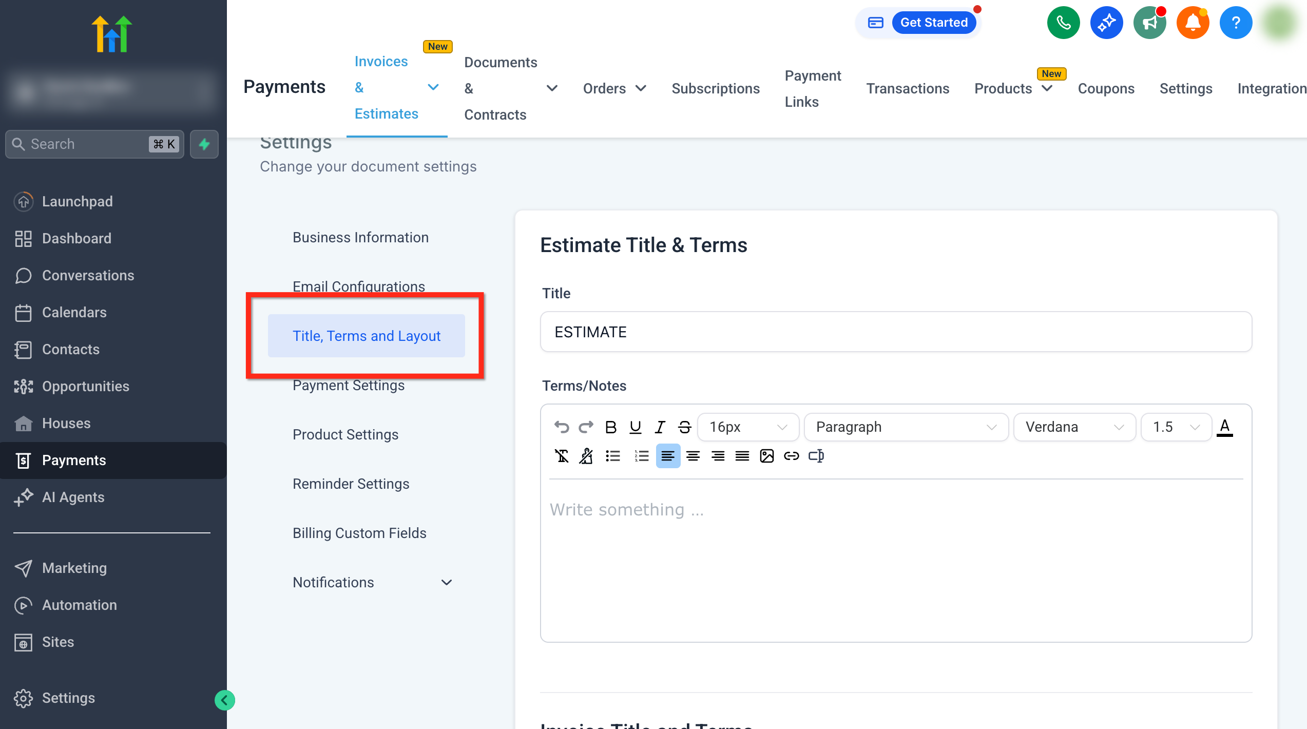 Selezione della scheda Titolo, termini e layout nelle impostazioni delle fatture.