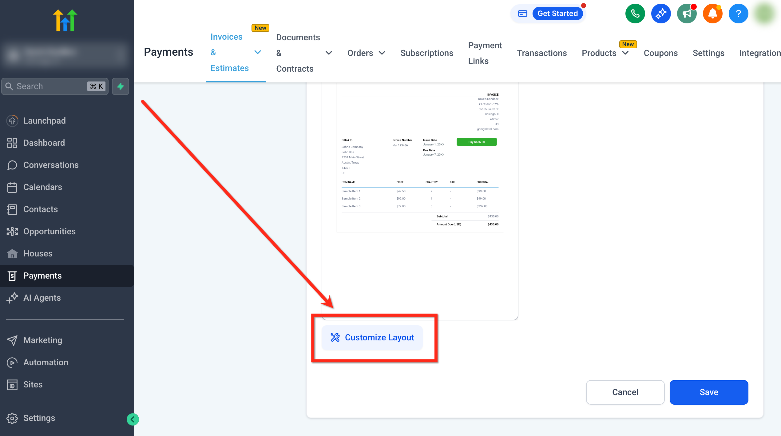 Evidenziazione del pulsante Personalizza layout sotto la sezione Layout fattura.