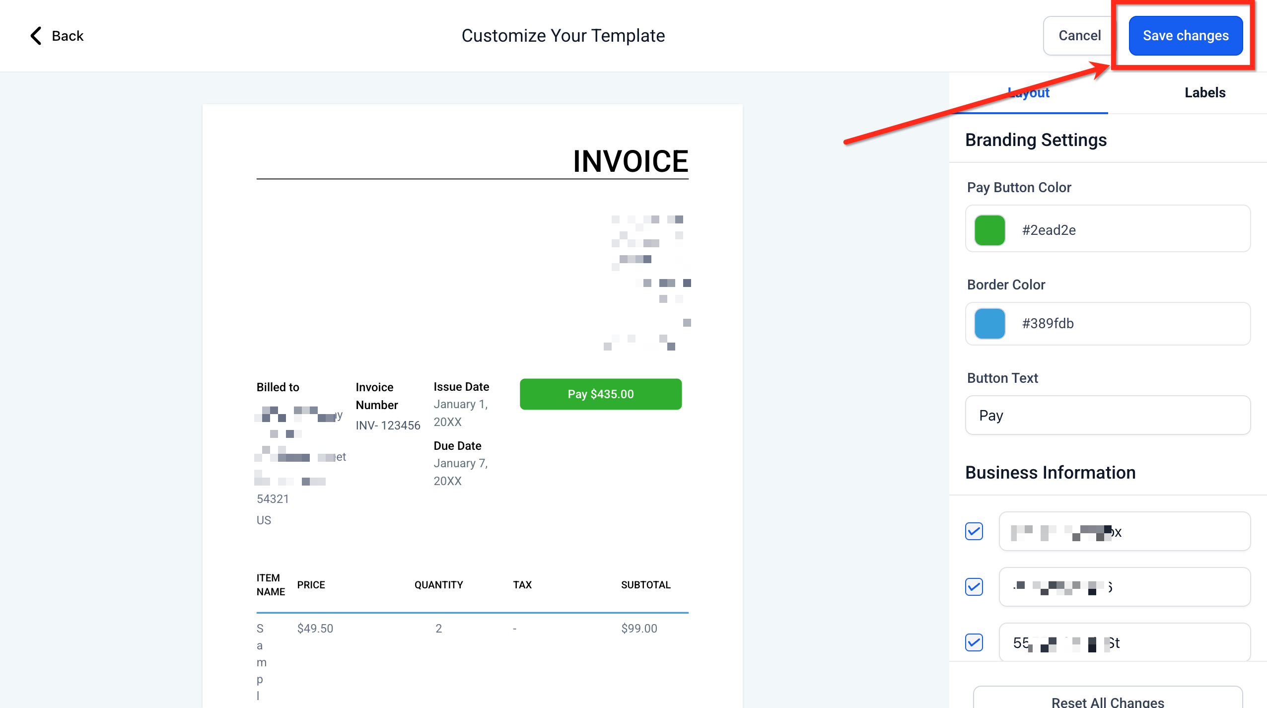 Anteprima in tempo reale delle modifiche al layout della fattura e pulsante Salva modifiche evidenziato in alto a destra.