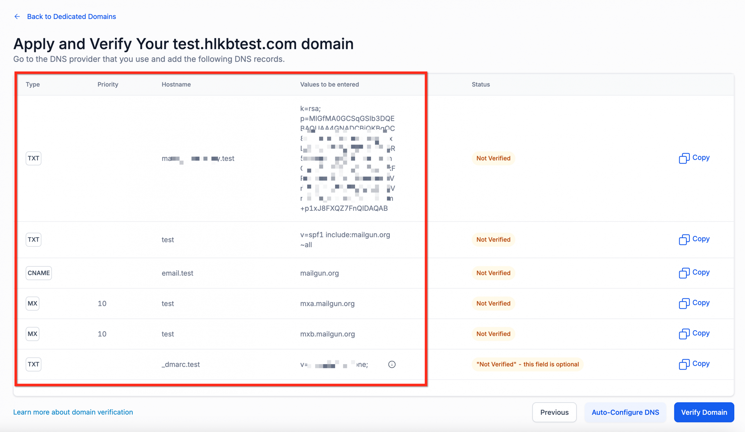 Esempio di record DNS da aggiungere manualmente nel provider di hosting