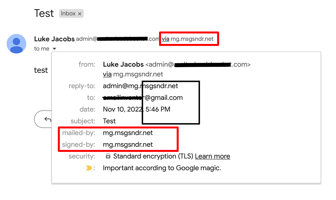 Esempio di intestazione email che mostra 'inviato tramite'