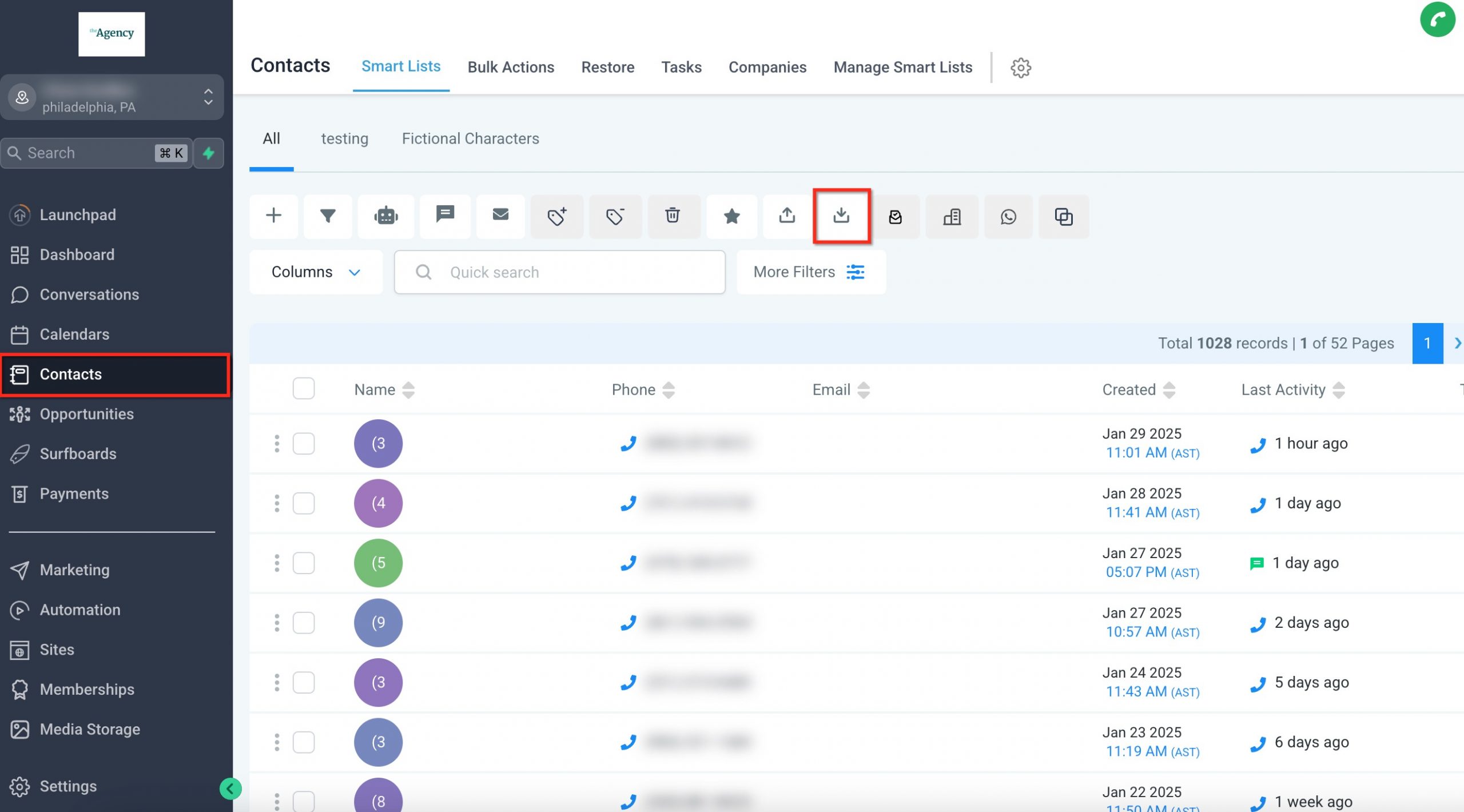 Pulsante per importare contatti nella sezione Contatti di Futuria CRM.